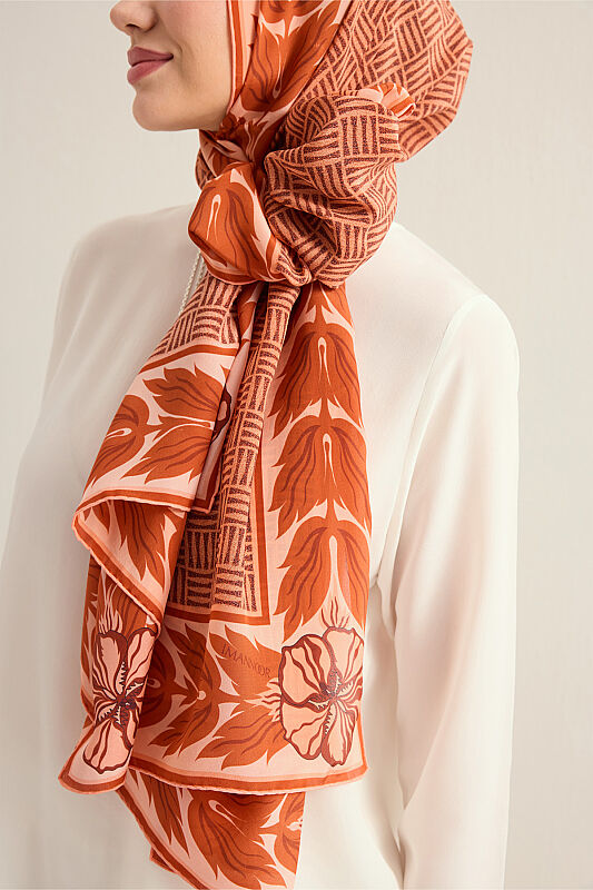 Floral Bordered Textured Faith Square Tan Crepe Silk Scarf - 6