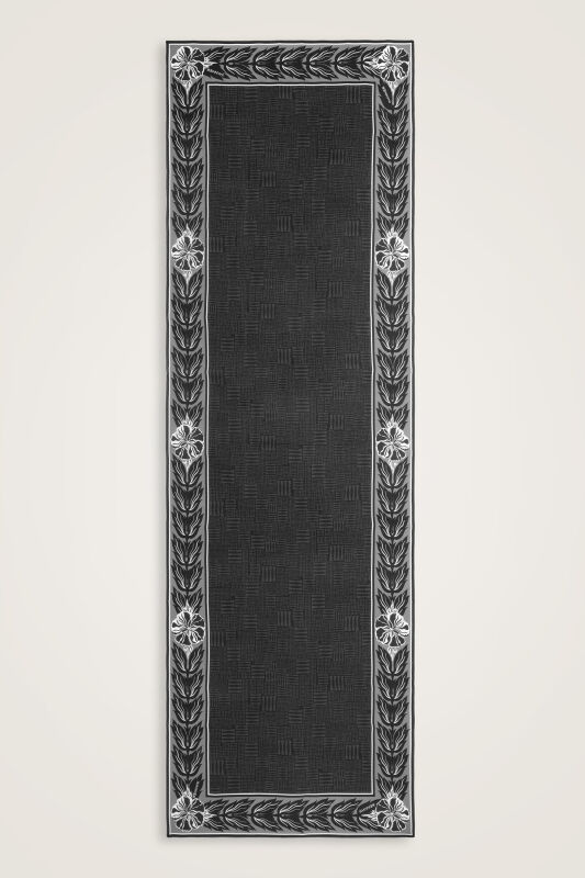 Floral Bordered Textured Stone Wall Anthracite Crepe Silk Scarf - 1