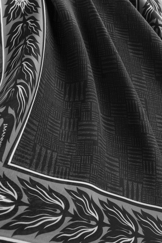 Floral Bordered Textured Stone Wall Anthracite Crepe Silk Scarf - 2