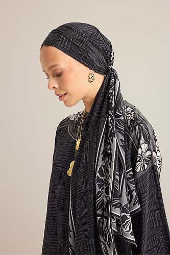 Floral Bordered Textured Stone Wall Anthracite Crepe Silk Scarf - 3