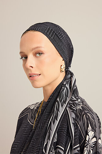 Floral Bordered Textured Stone Wall Anthracite Crepe Silk Scarf 