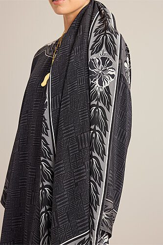 Floral Bordered Textured Stone Wall Anthracite Crepe Silk Scarf - 5