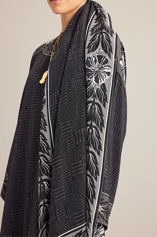 Floral Bordered Textured Stone Wall Anthracite Crepe Silk Scarf - 5