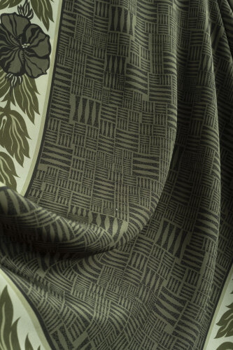 Floral Bordered Textured Stone Wall Khaki Crepe Silk Scarf - 2