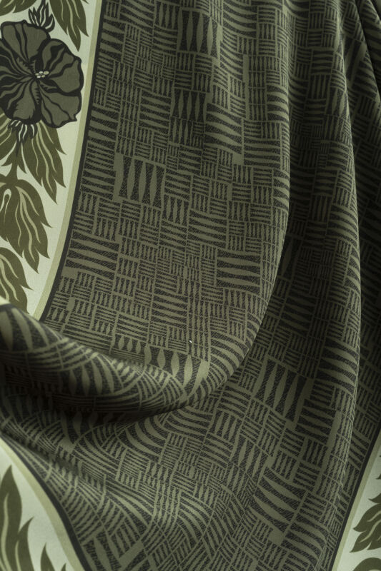 Floral Bordered Textured Stone Wall Khaki Crepe Silk Scarf - 2