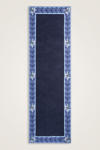 Floral Bordered Textured Stone Wall Navy Crepe Silk Scarf - 1