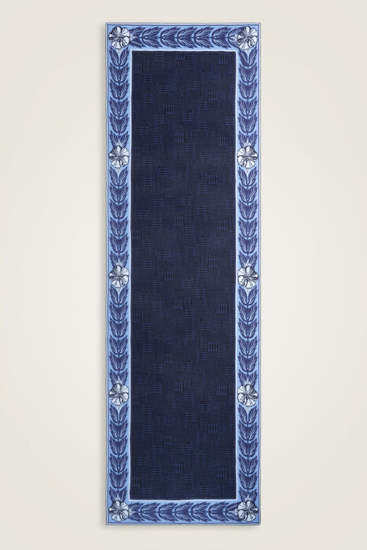 Floral Bordered Textured Stone Wall Navy Crepe Silk Scarf - 1