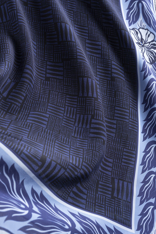 Floral Bordered Textured Stone Wall Navy Crepe Silk Scarf - 2