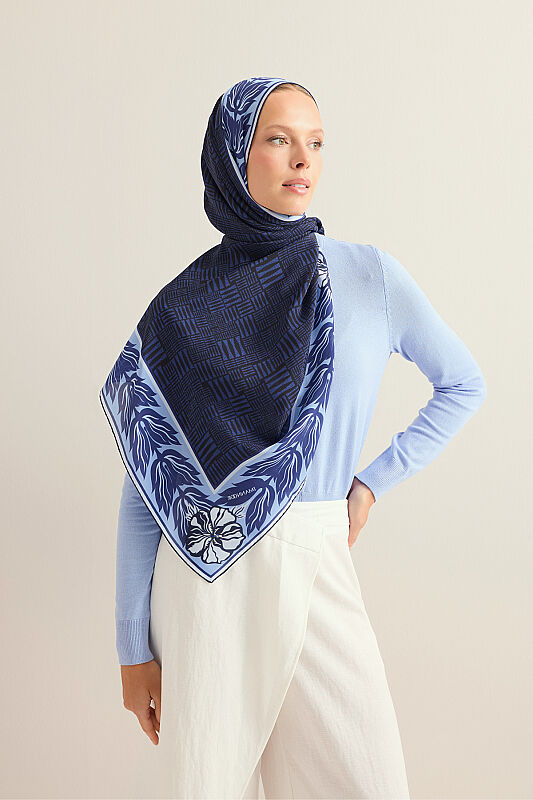 Floral Bordered Textured Stone Wall Navy Crepe Silk Scarf - 3