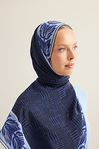 Floral Bordered Textured Stone Wall Navy Crepe Silk Scarf - 5