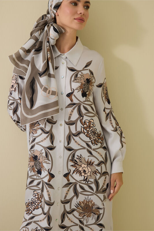 Flower Road Beige Silk Shirt Dress - 1