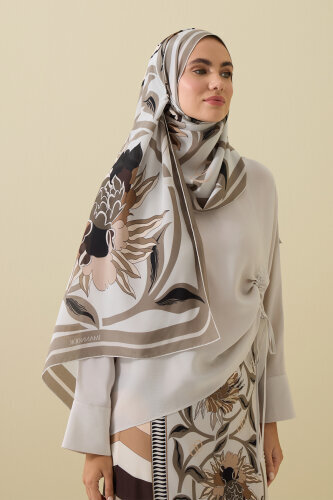 Flower Road Beige Silk Shirt Dress Shawl - Imannoor