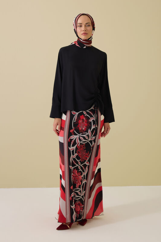 Flower Road Black-Red Silk Bias Skirt - 1