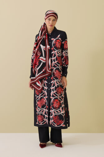 Flower Road Black-Red Silk Shirt Dress 