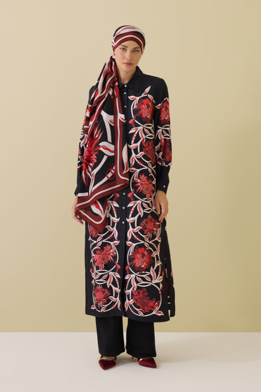 Flower Road Black-Red Silk Shirt Dress - 1