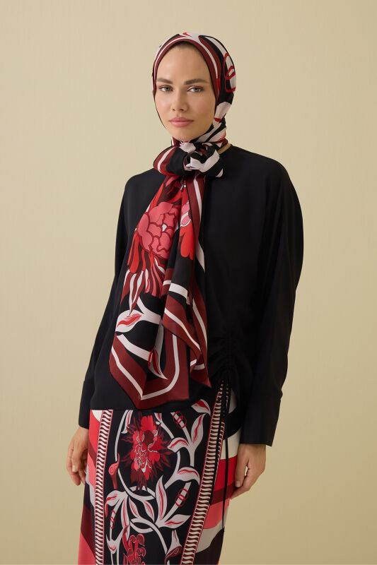 Flower Road Black-Red Silk Shirt Dress Shawl - 3