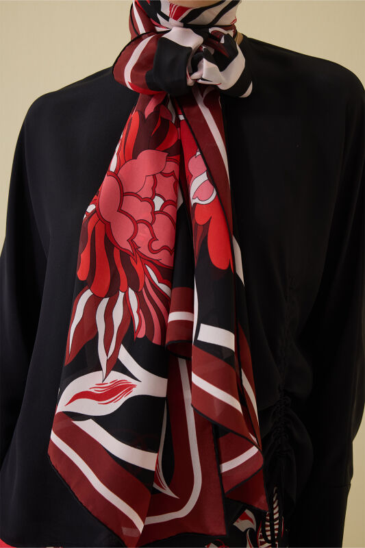 Flower Road Black-Red Silk Shirt Dress Shawl - 5