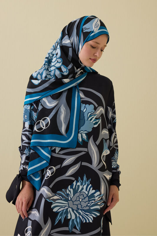 Flower Road Black-Turquoise Silk Dress Shawl - 1