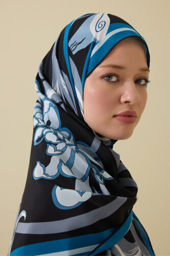 Flower Road Black-Turquoise Silk Dress Shawl - 3