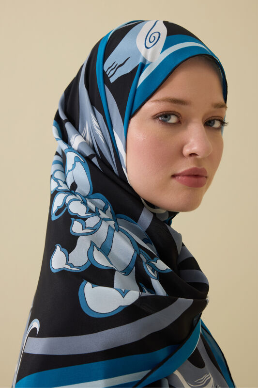 Flower Road Black-Turquoise Silk Dress Shawl - 3