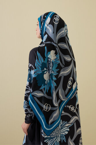 Flower Road Black-Turquoise Silk Dress Shawl - 5