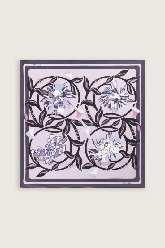 Flower Road Blue-Pink Twill Silk Scarf - 2