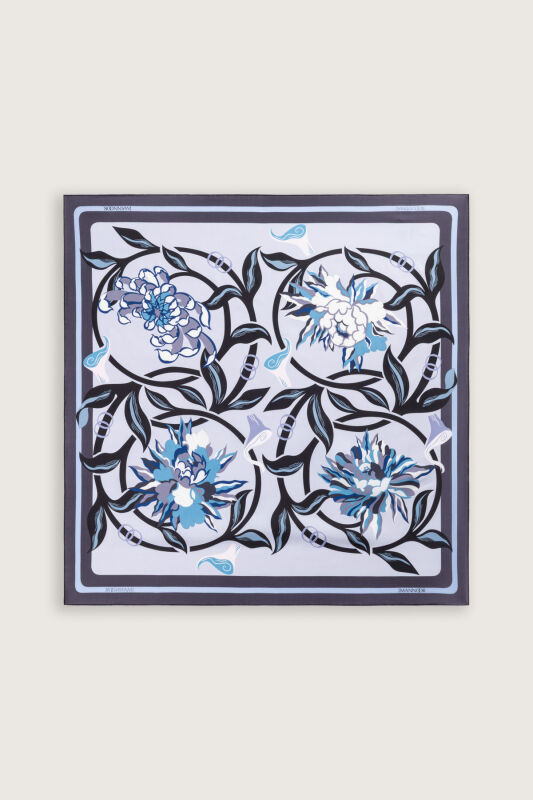 Flower Road Blue-Pink Twill Silk Scarf - 3