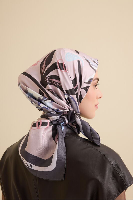 Flower Road Blue-Pink Twill Silk Scarf - 4