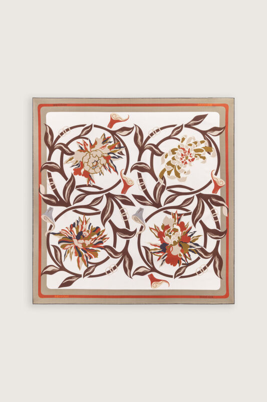 Flower Road Cream-Grey Silk Twill Scarf - 2