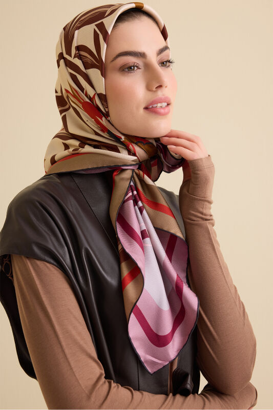 Flower Road Cream-Grey Silk Twill Scarf - 1