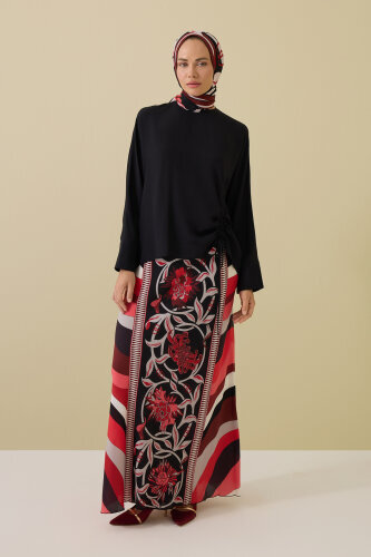 Flower Road Gathered Black Crepe Silk Blouse - Imannoor (3)