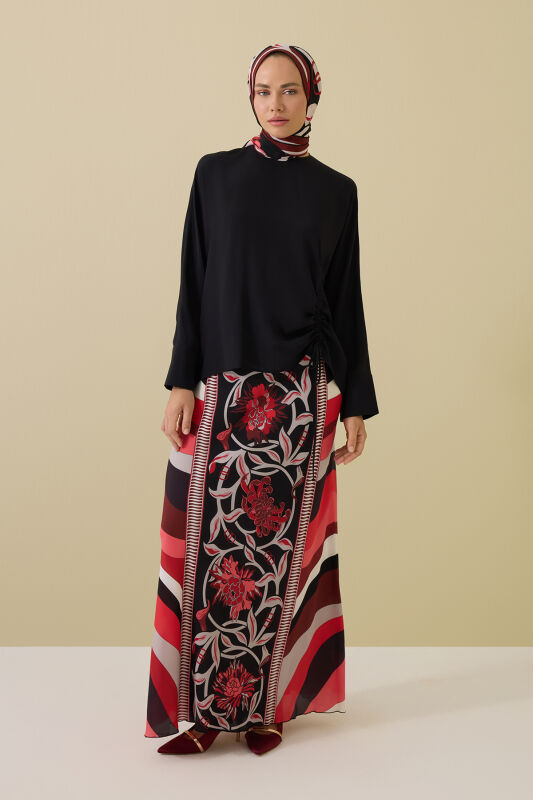 Flower Road Gathered Black Crepe Silk Blouse - 3