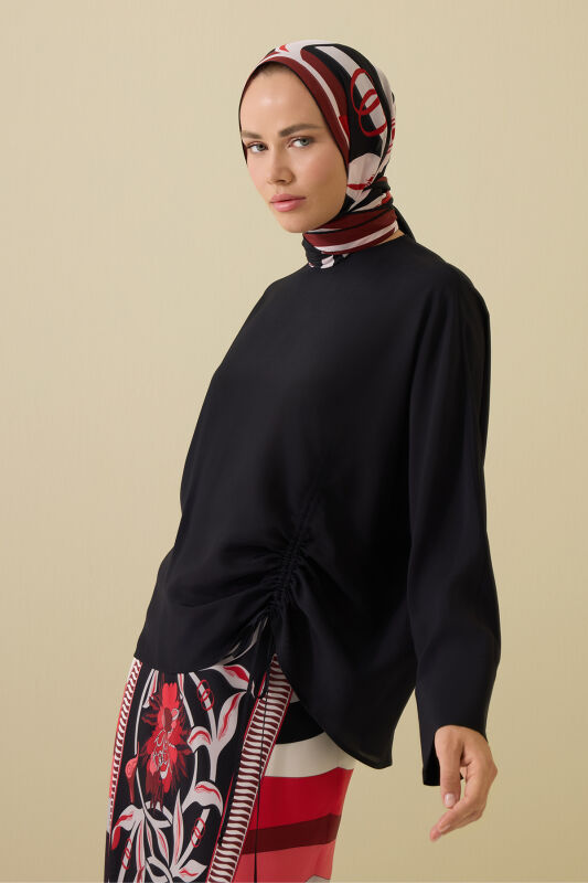 Flower Road Gathered Black Crepe Silk Blouse - 1