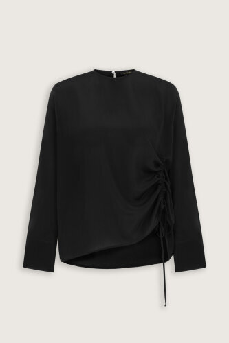Flower Road Gathered Black Crepe Silk Blouse - Imannoor (2)