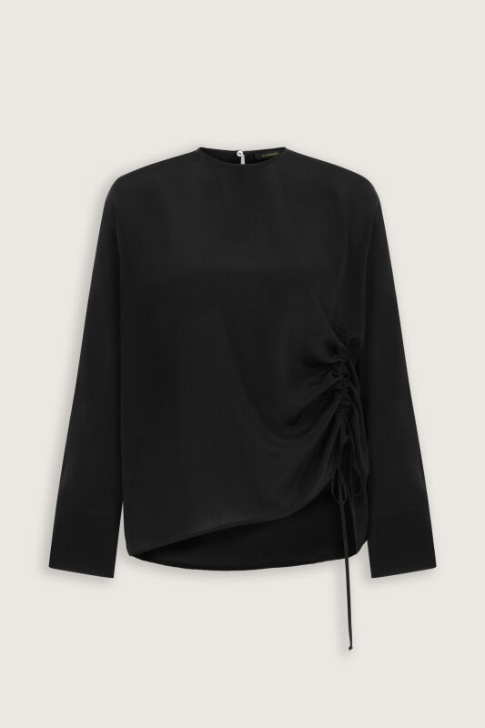 Flower Road Gathered Black Crepe Silk Blouse - 2