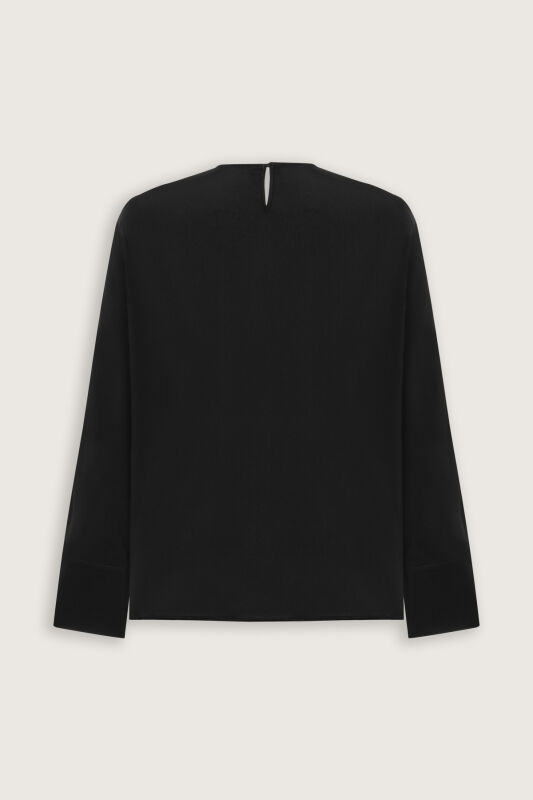 Flower Road Gathered Black Crepe Silk Blouse - 4