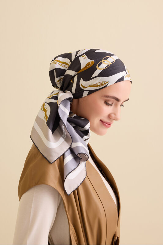 Flower Road Gold-Grey Twill Silk Scarf - 5