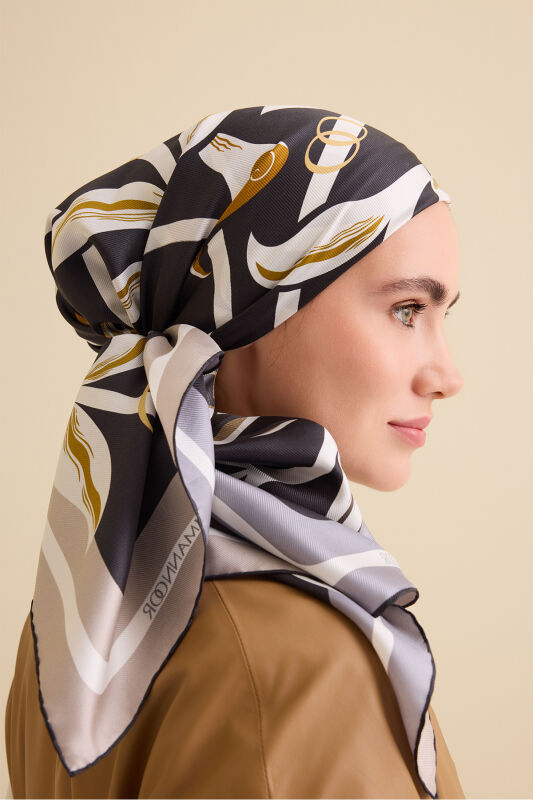 Flower Road Gold-Grey Twill Silk Scarf - 1
