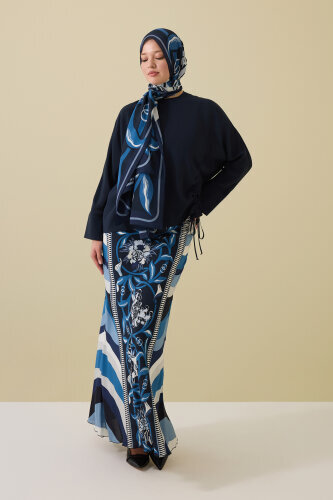 Flower Road Navy Blue Silk Bias Skirt - Imannoor