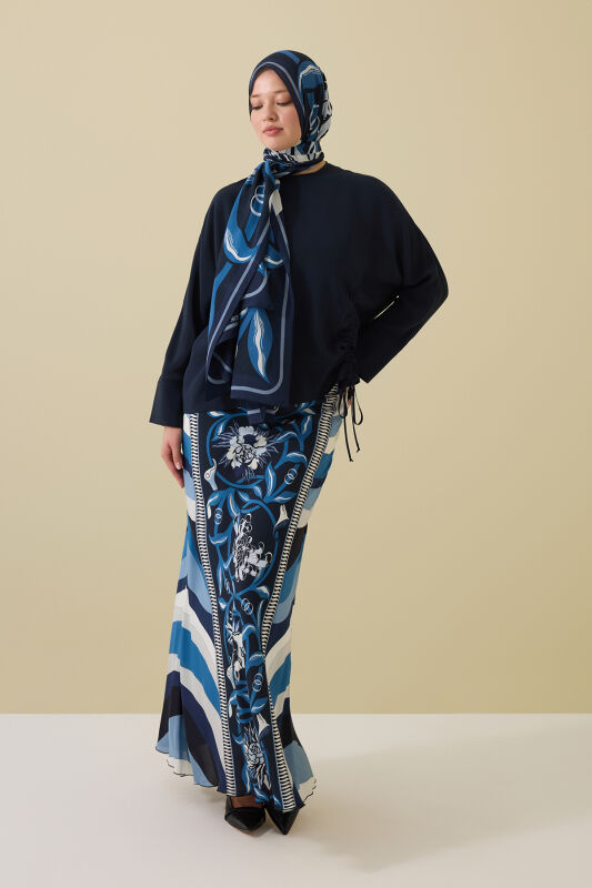 Flower Road Navy Blue Silk Bias Skirt - 1