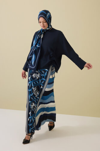 Flower Road Navy Blue Silk Bias Skirt - Imannoor (3)