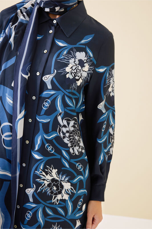 Flower Road Navy Blue Silk Shirt Dress - 3