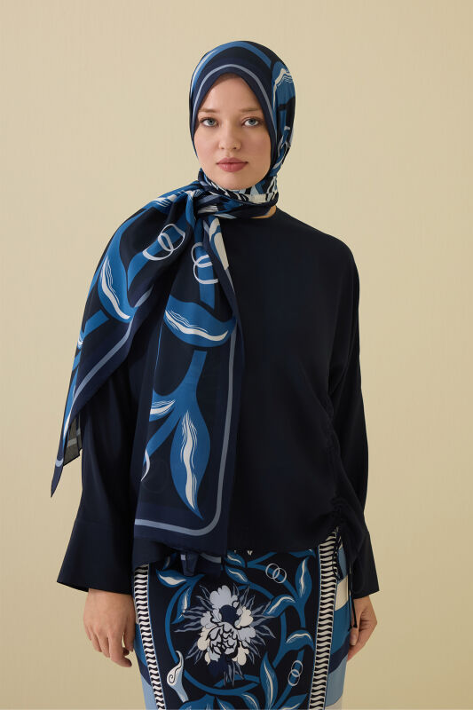 Flower Road Navy Blue Silk Shirt Dress Shawl - 3
