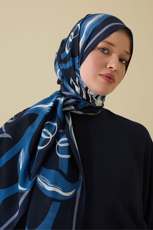 Flower Road Navy Blue Silk Shirt Dress Shawl - 1