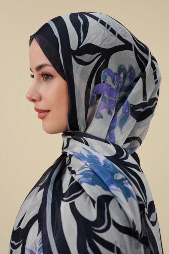 Flower Road Navy Blue Silk Voile Shawl - 3