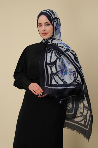 Flower Road Navy Blue Silk Voile Shawl - 5