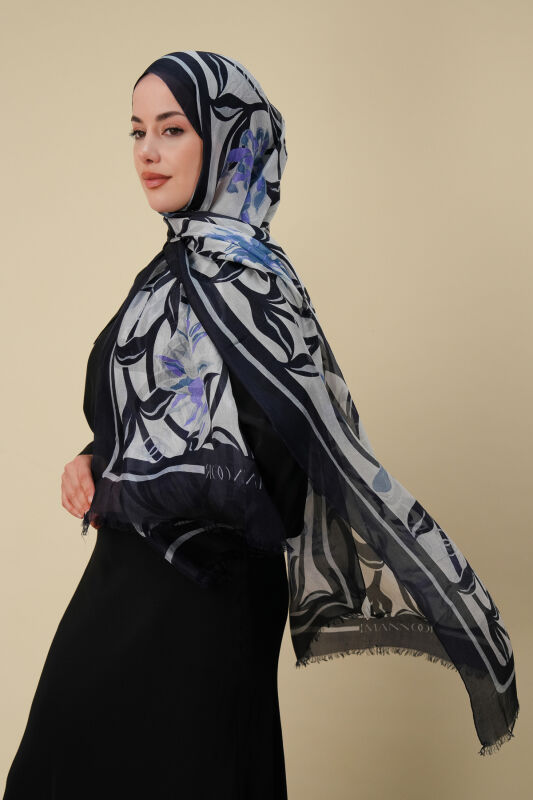 Flower Road Navy Blue Silk Voile Shawl - 1