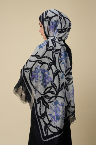 Flower Road Navy Blue Silk Voile Shawl - 6