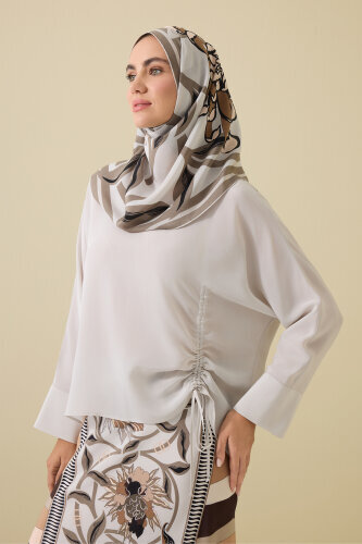 Flower Road Pleated Beige Crepe Silk Blouse 