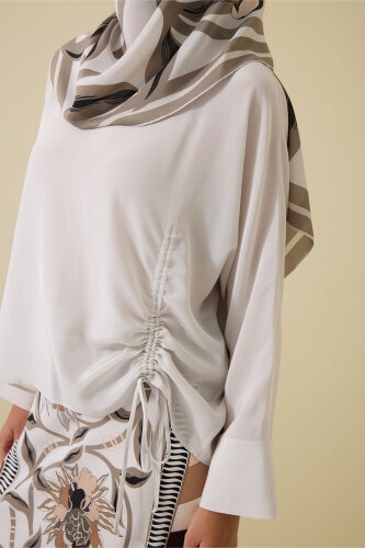 Flower Road Pleated Beige Crepe Silk Blouse - 3